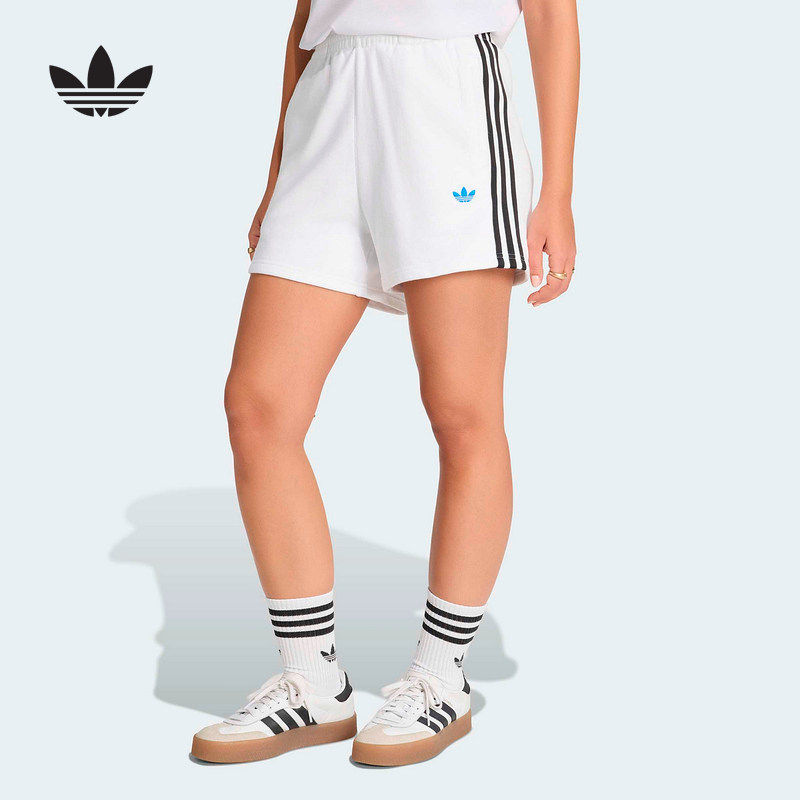 adidas阿迪达斯三叶草拉绳腰身五分裤夏棉女三条纹针织短裤KG3695