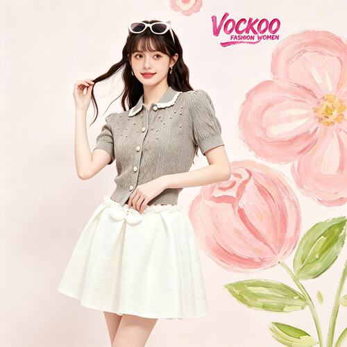 VOCKOO同款2026秋韩里韩气miu系短袖T恤气质女装女上衣薄针织开衫
