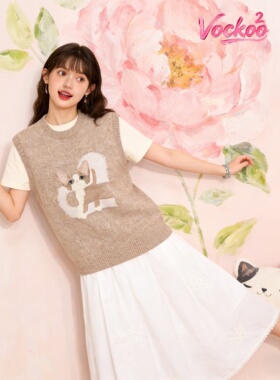 商场同款26春Vockoo时尚复古猫咪图案叠穿针织背心上衣女3K1EE41Q