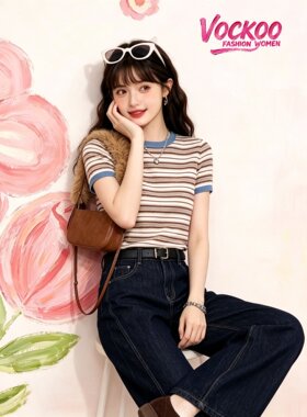 商场同款26秋Vockoo复古条纹正肩修身上衣女短袖针织衫3K3EE30Z