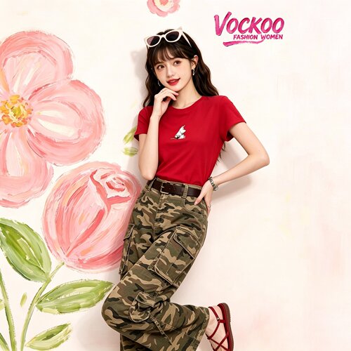 商场同款26夏Vockoo百搭趣味卡通印花刺绣宽松圆领休闲T恤TEE026K