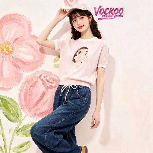 VOCKOO同款2026秋原纱少女百搭时尚卡通印花正肩上衣女短袖针织衫