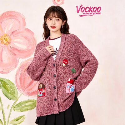 VOCKOO同款2026秋原纱时尚趣味钩织毛衣开衫女V领针织衫外套上衣