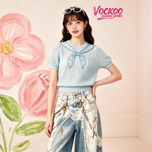 VOCKOO同款2026秋原C俏皮时尚短款麻感绣花薄透薄款针织T恤上衣女