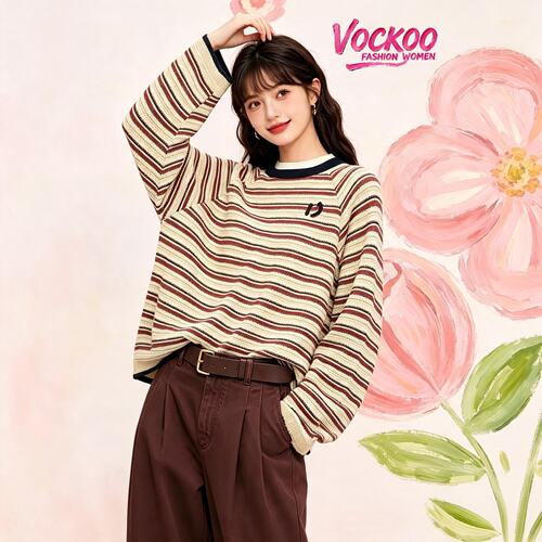 VOCKOO同款2026秋原纱时尚宽松插肩袖针织彩色条纹套头衫针织衫女