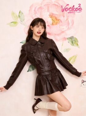 商场同款26春Vockoo娃娃领立体蝴蝶结PU皮夹克短外套女C21SC008T