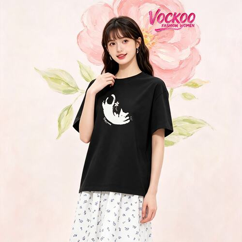 VOCKOO同款2026秋原纱纯棉百搭时尚宽松小猫印花棉质T恤短袖上衣