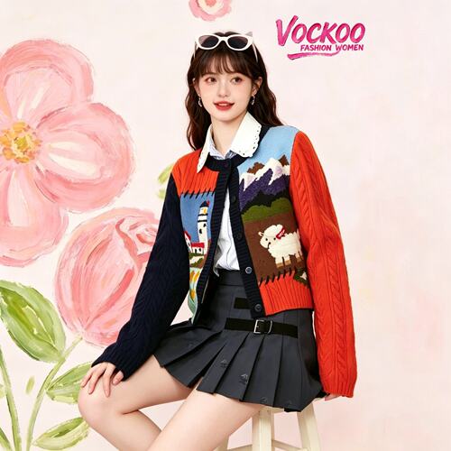 VOCKOO同款2026秋原纱时尚风景拼块毛织绞花开衫外套针织衫上衣女