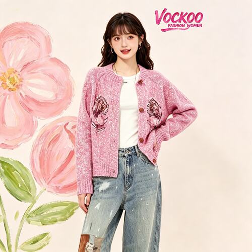 VOCKOO同款2026秋原纱百搭复古温柔花朵外套上衣女长袖针织衫开衫