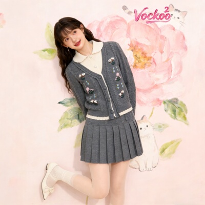 商场同款26春Vockoo复古奶奶风撞色珠饰花朵针织开衫女C21ZM184S