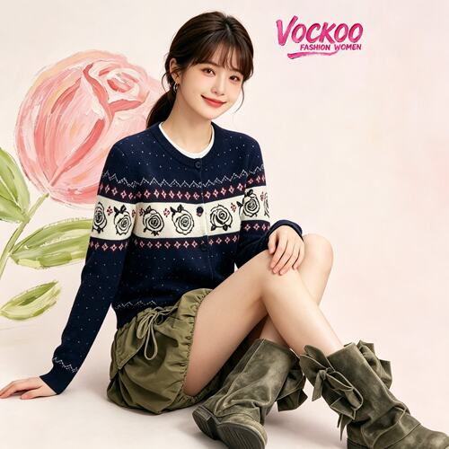 VOCKOO同款2026秋原纱时尚百搭地球女孩时尚浪漫复古花卉毛开衫女