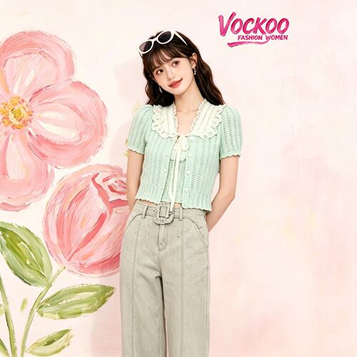 商场同款26夏Vockoo时尚洛可可缎面拼接短袖针织上衣女X11ZM090A