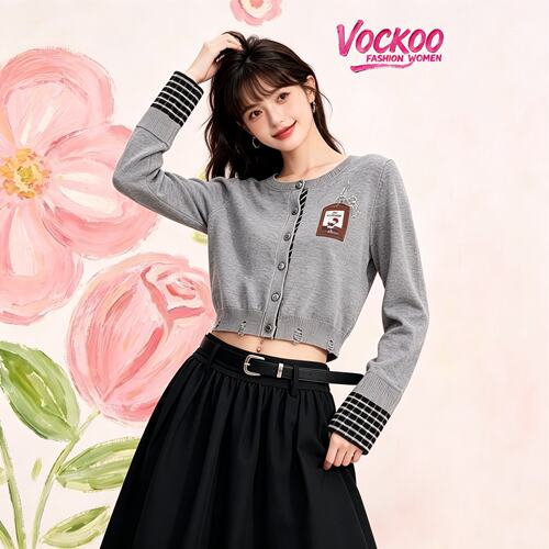 VOCKOO同款2026秋原纱百搭Hello猫Kitty工牌印花毛衣短开衫针织衫