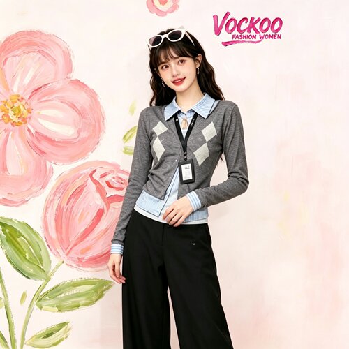 商场同款26春Vockoo百搭女趣味印花工牌菱格长袖打底衫T恤Z13724T