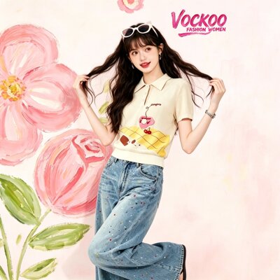 商场同款26夏Vockoo百搭下午茶场景POLO领短袖毛衫T恤上衣253135Z