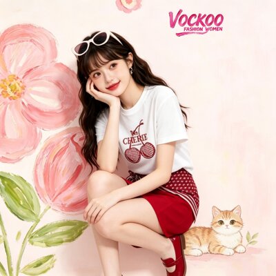 商场同款26夏Vockoo百搭休闲樱桃贴布设计宽松T恤上衣女3K2BA40X