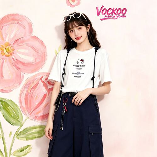 阚清子同款26秋Vockoo百搭拼豆Kitty猫钩织帽T恤上衣女71001083T