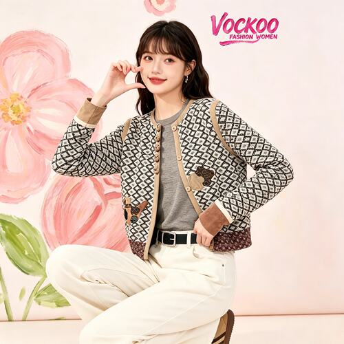 VOCKOO同款2026秋原纱时尚百搭利落复古民俗图案针织长袖开衫女