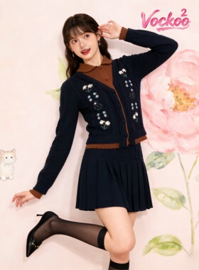 商场同款26春Vockoo复古奶奶风撞色珠饰花朵针织开衫女C21ZM184X