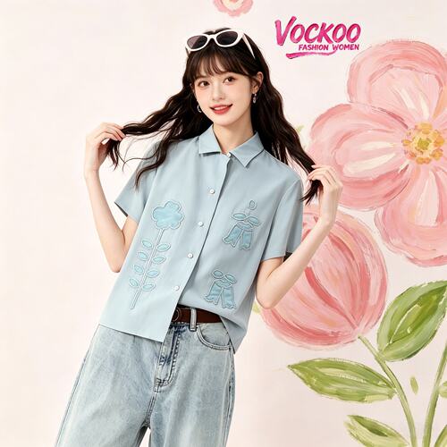 VOCKOO同款2026秋原纱宽松时尚百搭正肩polo领花卉刺绣短袖衬衫女