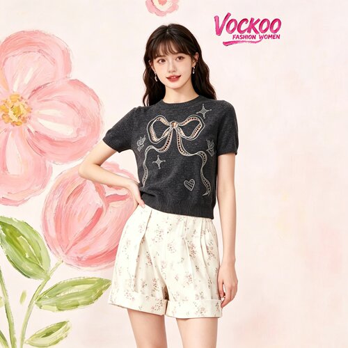 VOCKOO同款2026秋原纱时尚优雅百搭蝴蝶结飞鸟刺绣针织套头短袖女