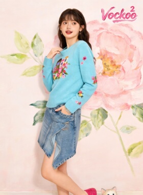 商场同款26春Vockoo百搭多巴胺提花圆领装饰针织衫上衣女65A003W