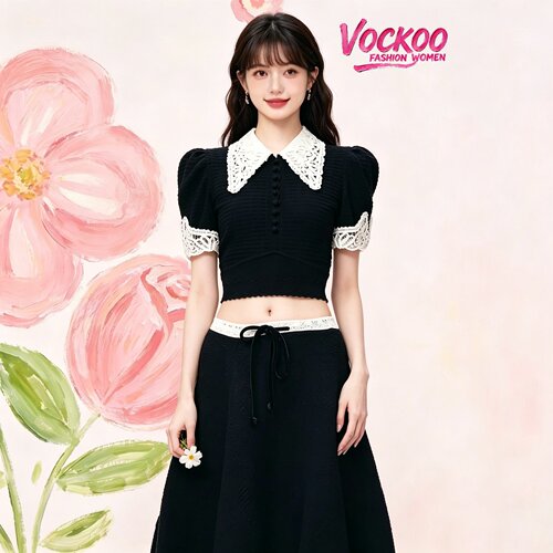 VOCKOO同款2026秋原纱百搭时尚宫廷风盘花领针织短袖T恤上衣女