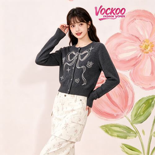 VOCKOO同款2026秋原纱薄款长袖时尚纯色镂空绣花开衫针织衫上衣