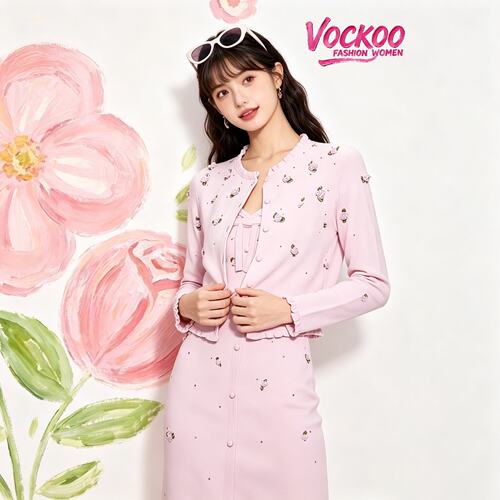 VOCKOO同款2026秋原纱蕾丝花边花朵装饰针织开衫外套连衣裙套装女
