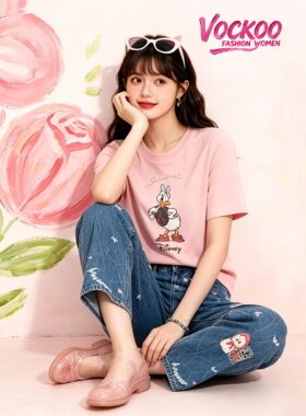 商场同款26夏Vockoo百搭时尚黛丝印花趣味休闲短袖T恤上衣03868T