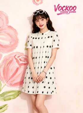 商场同款26夏Vockoo宽松复古棉质波点打褶短裙子连衣裙女3K2OB35L