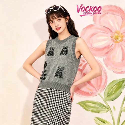VOCKOO同款2026秋原纱时尚立体花卉刺绣针织无袖背心针织衫上衣女