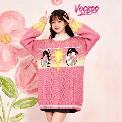 VOCKOO同款2026秋原纱卡通日式慵懒风秋冬女长袖圆领少女风针织衫
