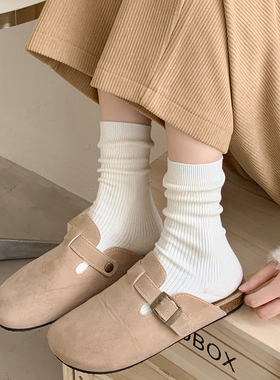 美拉德堆堆袜子女秋冬季白色中筒袜韩版春秋款纯色长袜子配勃肯鞋