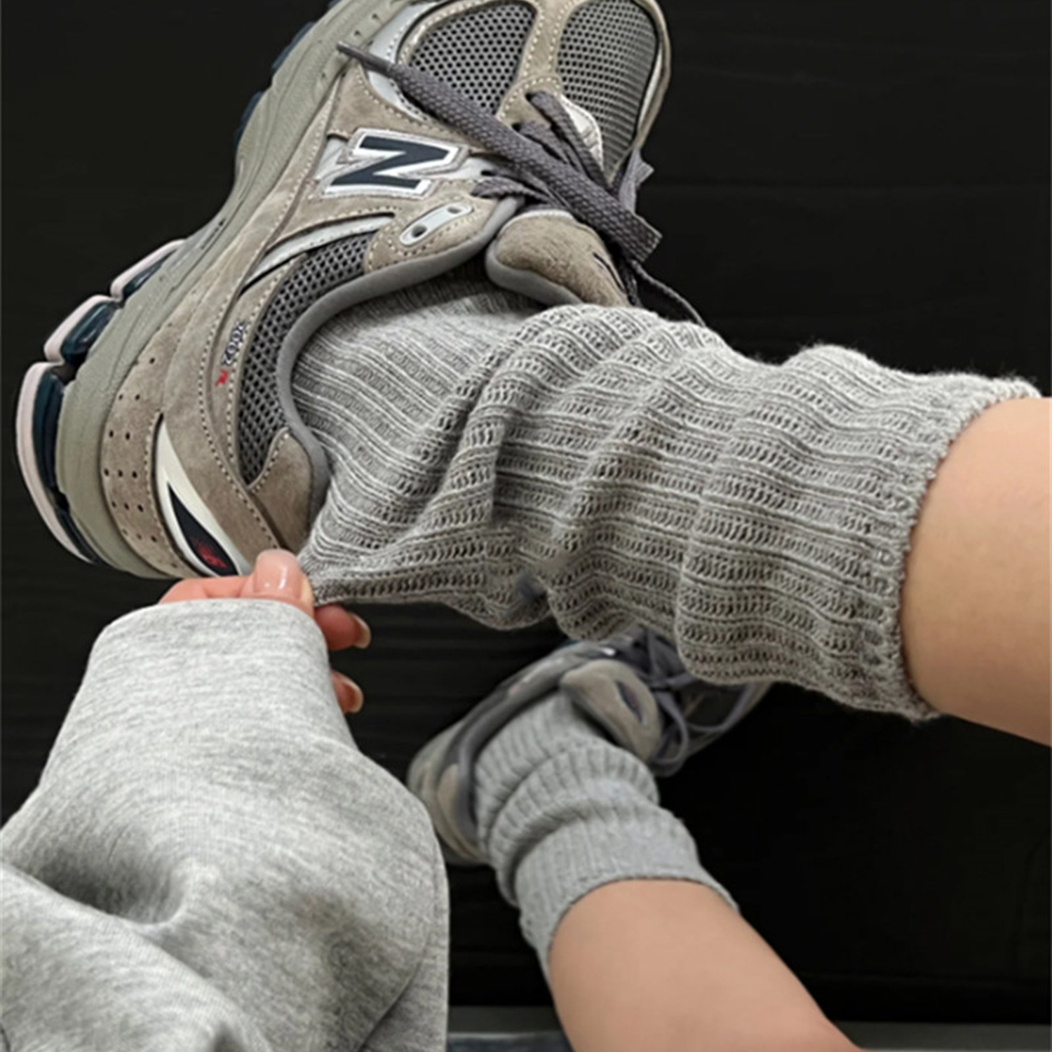 灰色袜子女芭蕾风袜子白色堆堆袜