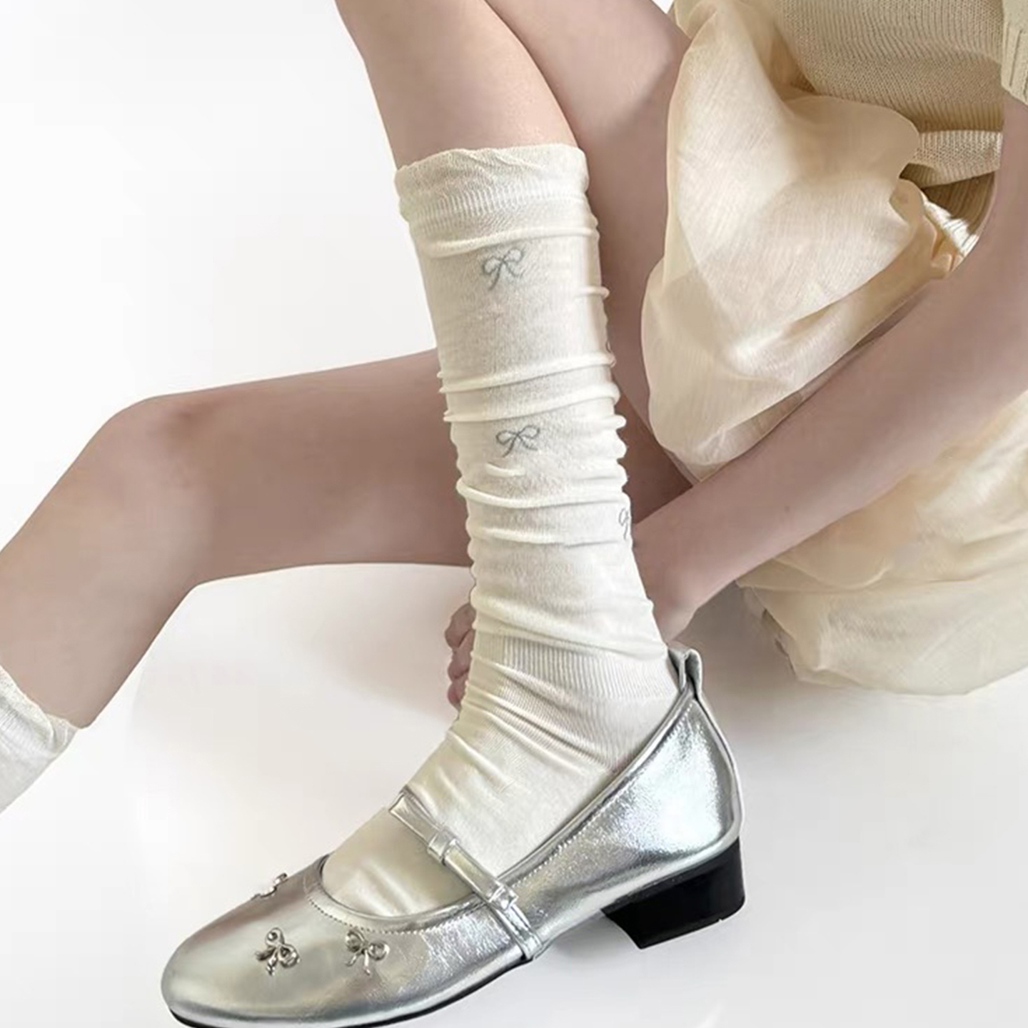 白色小腿袜子女夏薄款蝴蝶结袜子