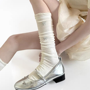 蝴蝶结袜子堆堆袜女士夏天长袜配裙子miu系 白色小腿袜子女夏薄款