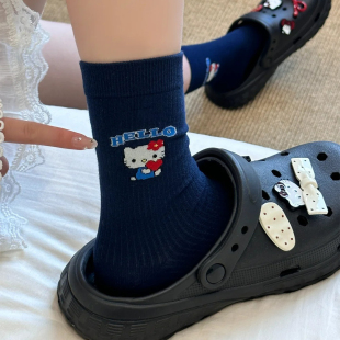 hellokitty袜子女款 中筒袜女白色堆堆袜卡通袜女士花边袜 可爱夏季