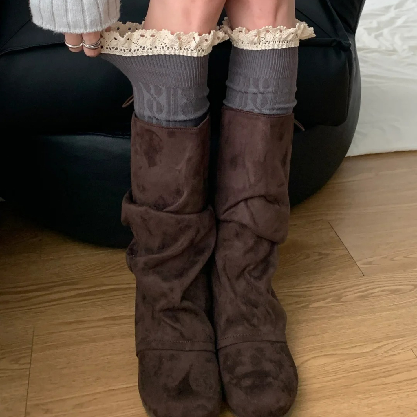 灰色小腿袜女秋长筒袜配靴子蕾丝