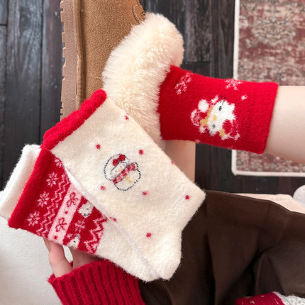 雪地靴配堆堆袜hellokitty袜子秋冬本命年红袜子厚袜子保暖中筒袜