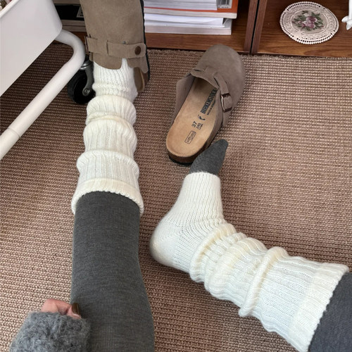 白色袜套冬加厚堆袜配勃肯鞋灰色