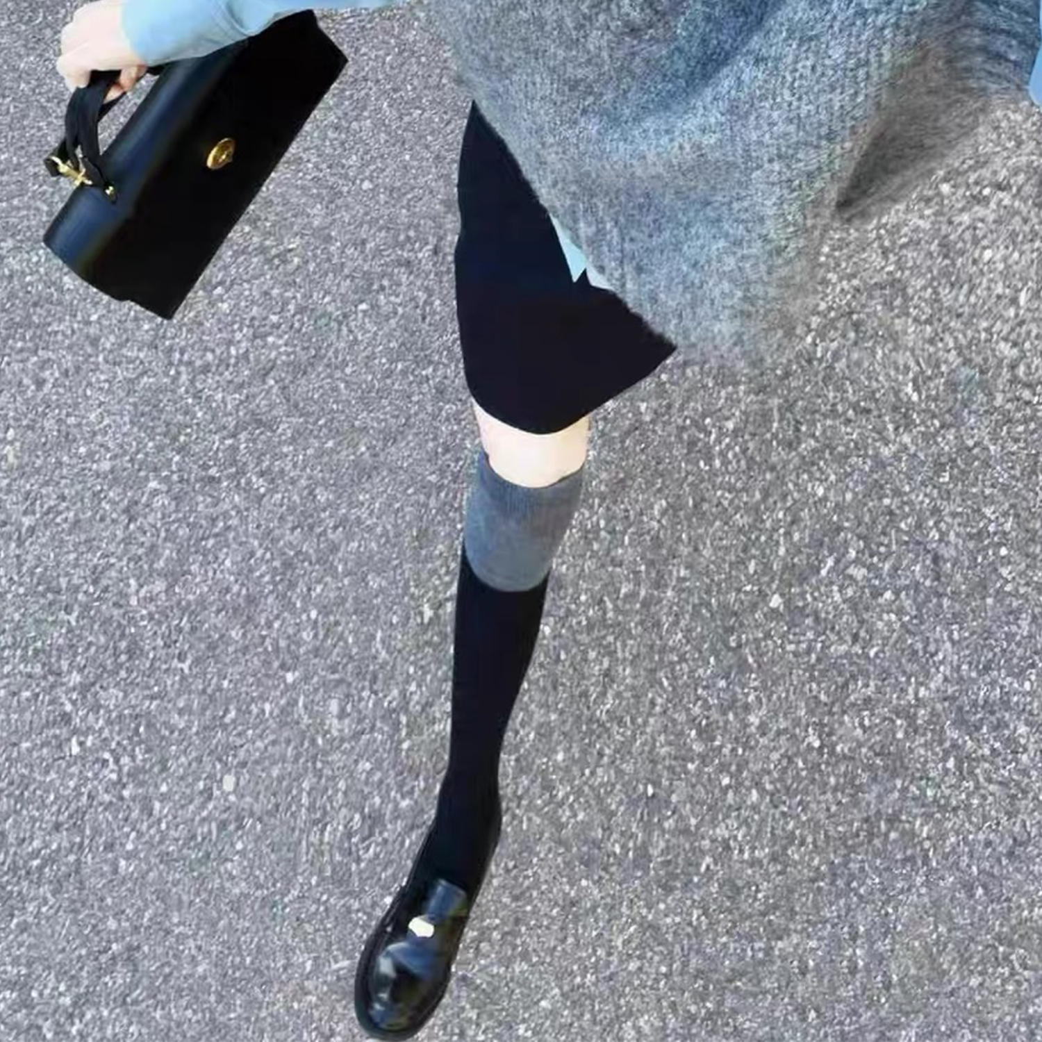 格雷系穿搭过膝袜子拼色小腿袜子