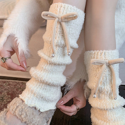 蝴蝶结袜子秋冬白色袜套冬加厚保