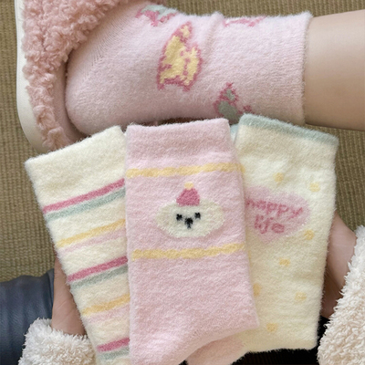 可爱卡通毛绒绒中筒袜秋冬加绒