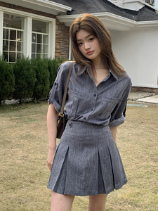 东娇艳love新款通勤仿牛仔衬衫上衣女小众百褶短裙半裙两件套