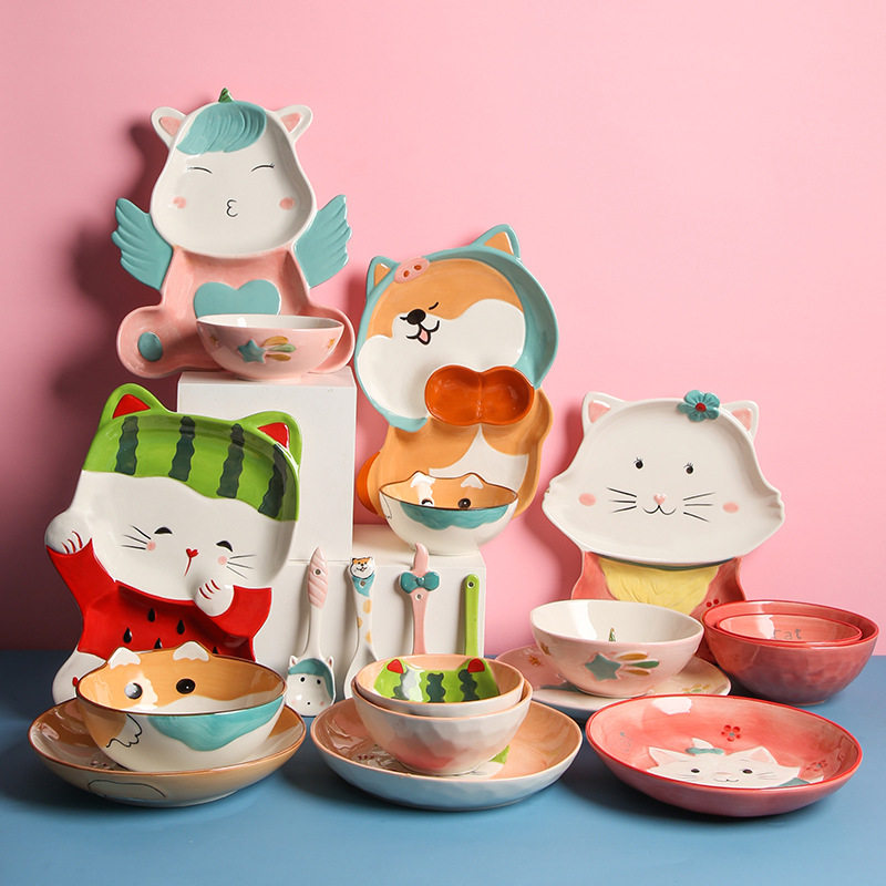 amh 卡通创意烤箱烘焙分格盘 手绘釉下彩儿童辅食盘家用陶瓷餐具