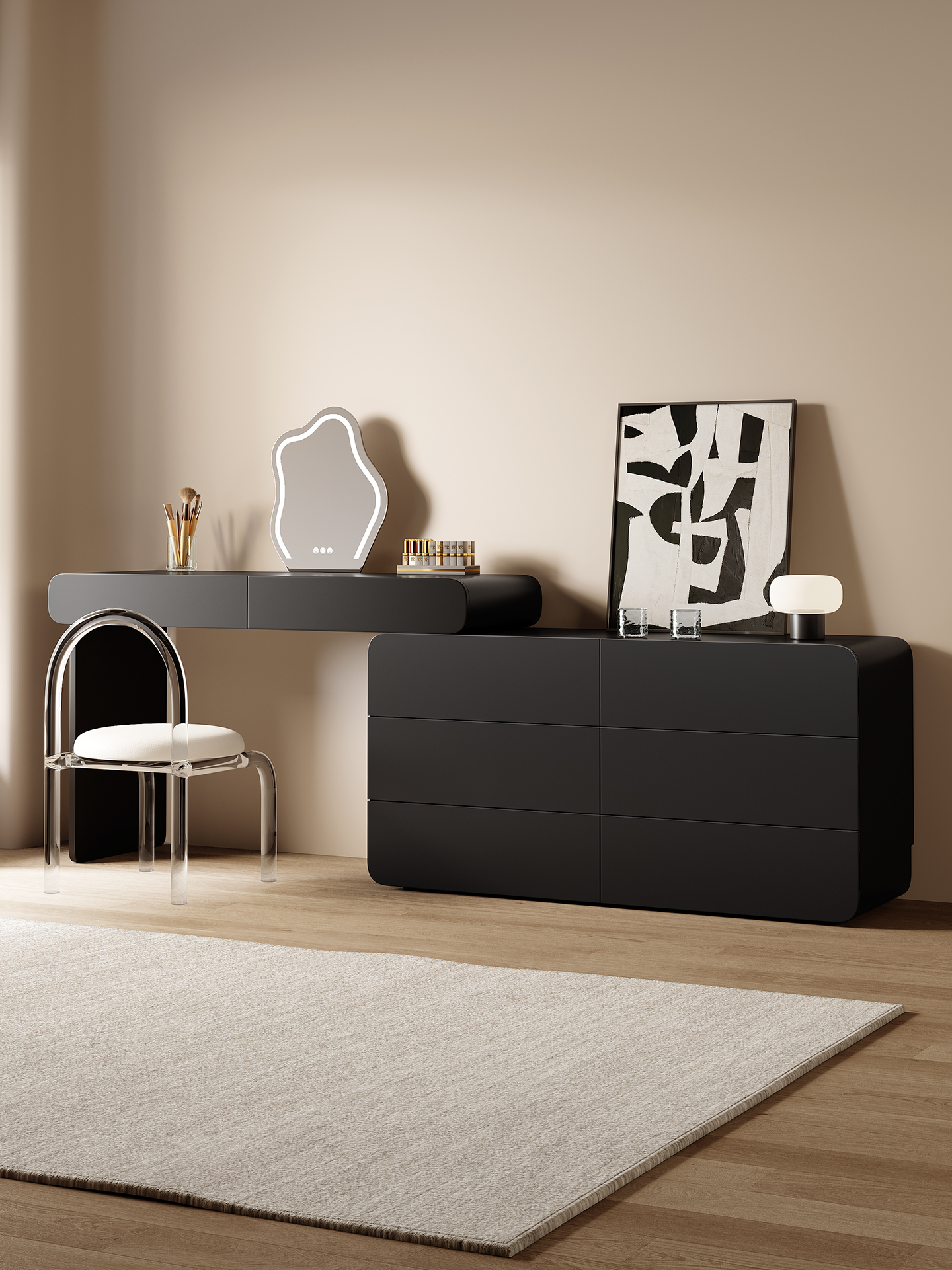 美柏覆古梳妆台中古实木梳妆台卧室收纳化妆桌一体轻奢妆台梳妆桌