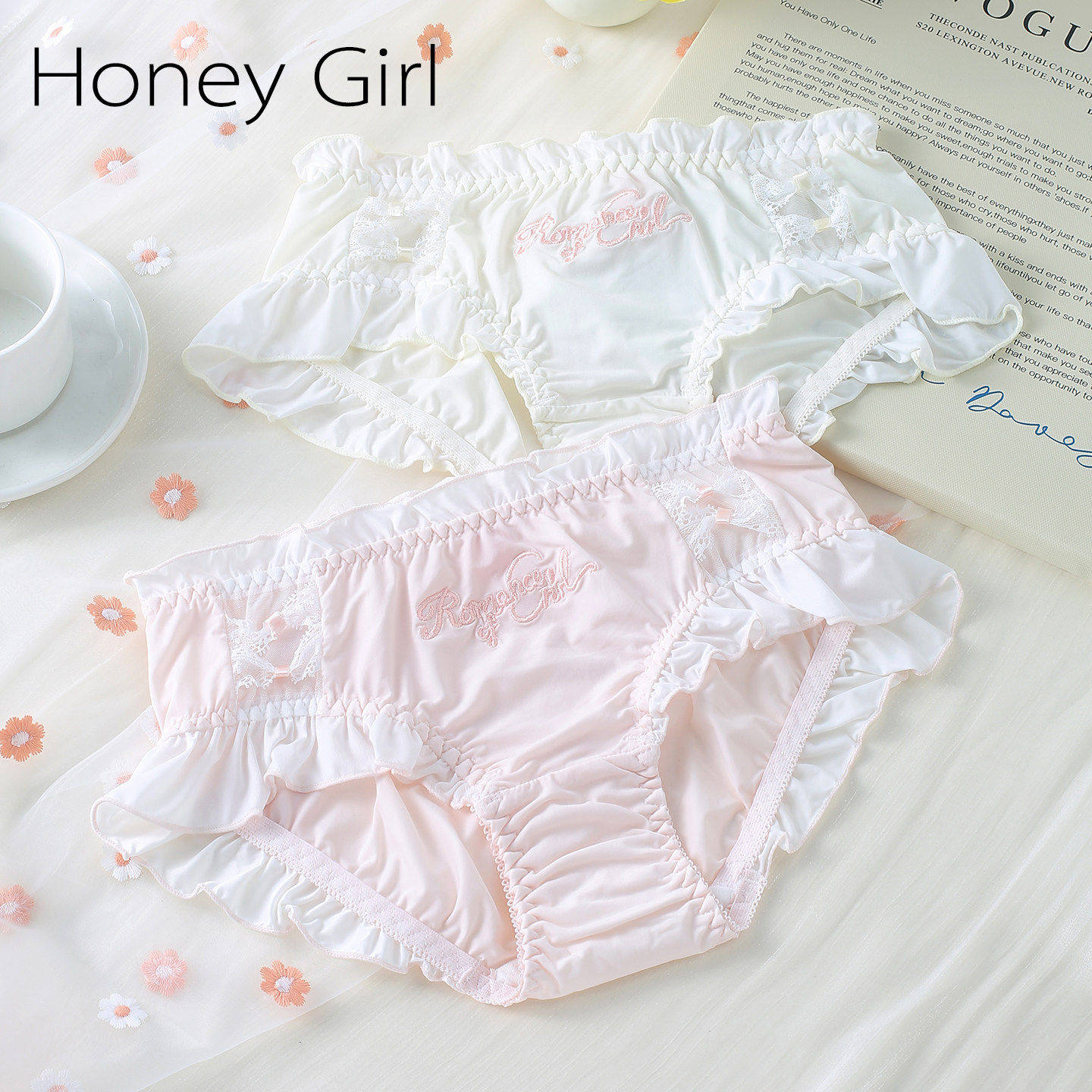 特价9.9 清仓HONEY GIRL品牌新款甜美刺绣荷叶边冰丝少女三角内裤