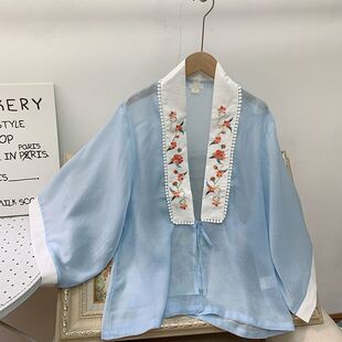 2026新款 日常百搭上衣对襟外披 汉服上衣女中国风复古刺绣明制短袖