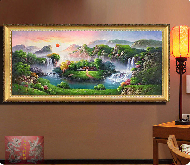 手绘红日东升聚宝盆山水油画 客厅会所酒店家居别墅装饰壁画挂画